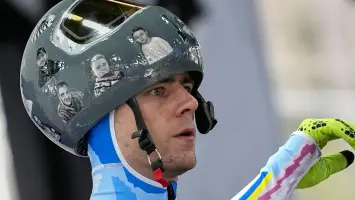 Vladyslav Heraskevych at Winter Olympics with helmet