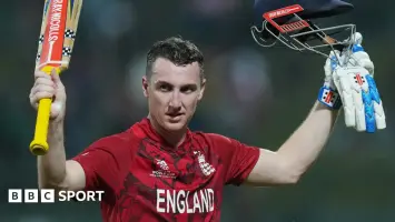 Harry Brook celebrates his century during the T20 match against Pakistan