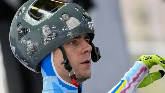 Vladyslav Heraskevych at Winter Olympics with helmet